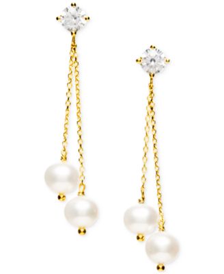 Cultured Freshwater Pearl (6-6-1/2mm) & Cubic Zirconia Double Chain Drop Earrings in Sterling Silver (Also in 18kt Gold over Sterling Silver)