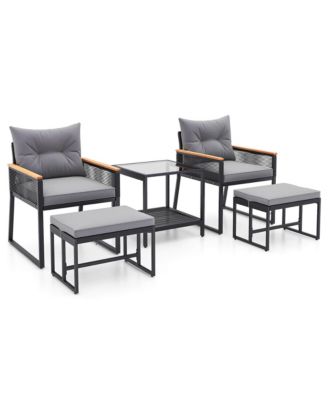5 Piece Outdoor Conversation Set Rattan Armchairs with 2-Layer Side Table