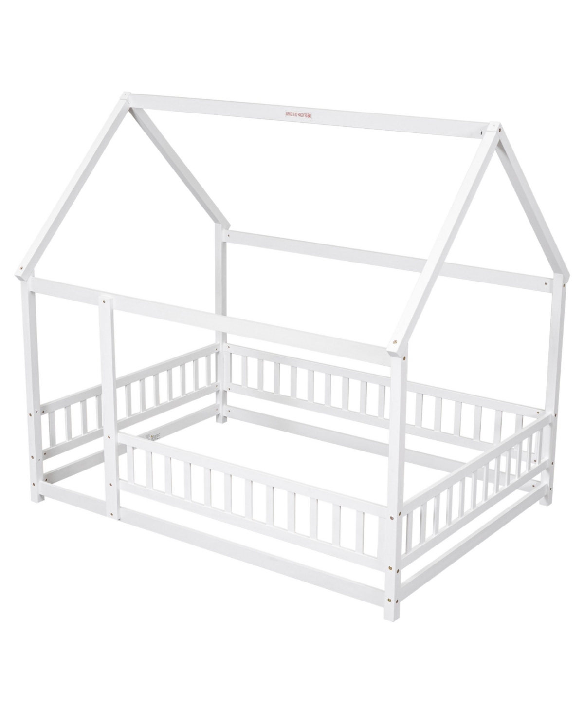 Slickblue Full Size Floor Wooden Bed with House Roof Frame, Fence Guardrails