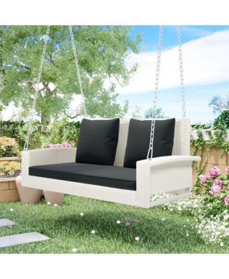 2-Person Wicker Hanging Porch Swing with Chains, Cushion, and Pillows