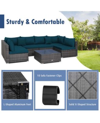 7PCS Patio Rattan Furniture Set Sectional Sofa Cushioned Garden Peacock