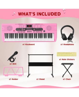 61-Key Pink Electric Keyboard Piano for Beginners with Stand, Bench, Microphone, Headphones, Dual Speakers & Teaching Modes