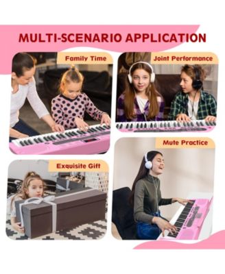 61-Key Pink Electric Keyboard Piano for Beginners with Stand, Bench, Microphone, Headphones, Dual Speakers & Teaching Modes