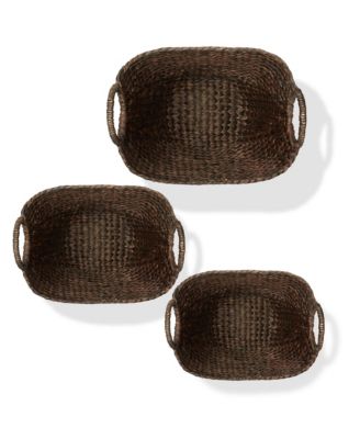 Set of 3 Boat Baskets with Handles - Espresso, Woven Water Hyacinth Storage Organizers for Blankets, Laundry, Bathroom, Bedroom, Living Room