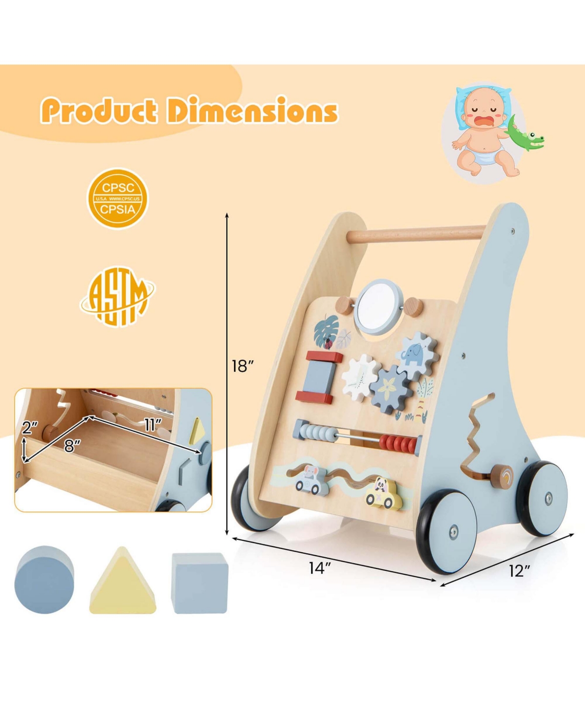 Costway Wooden Baby Walker Push & Pull Walker with Multi-Activity Learning Center