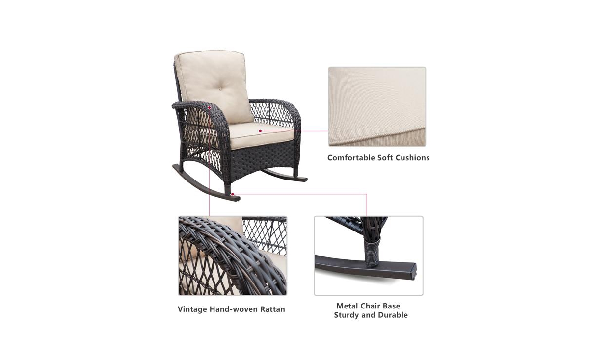 Slickblue 3-Piece Wicker Patio Rocker Set, DarkRattan Rocking Chairs with Glass Table - Brown