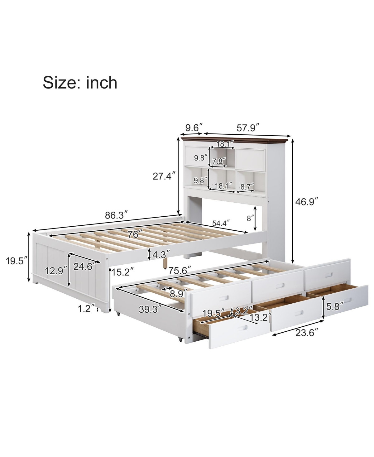 Streamdale Furniture Solid Pine Captain Bookcase Bed With Trundle Bed And 3 Spacious Under Bed Drawers, Full - White+walnut