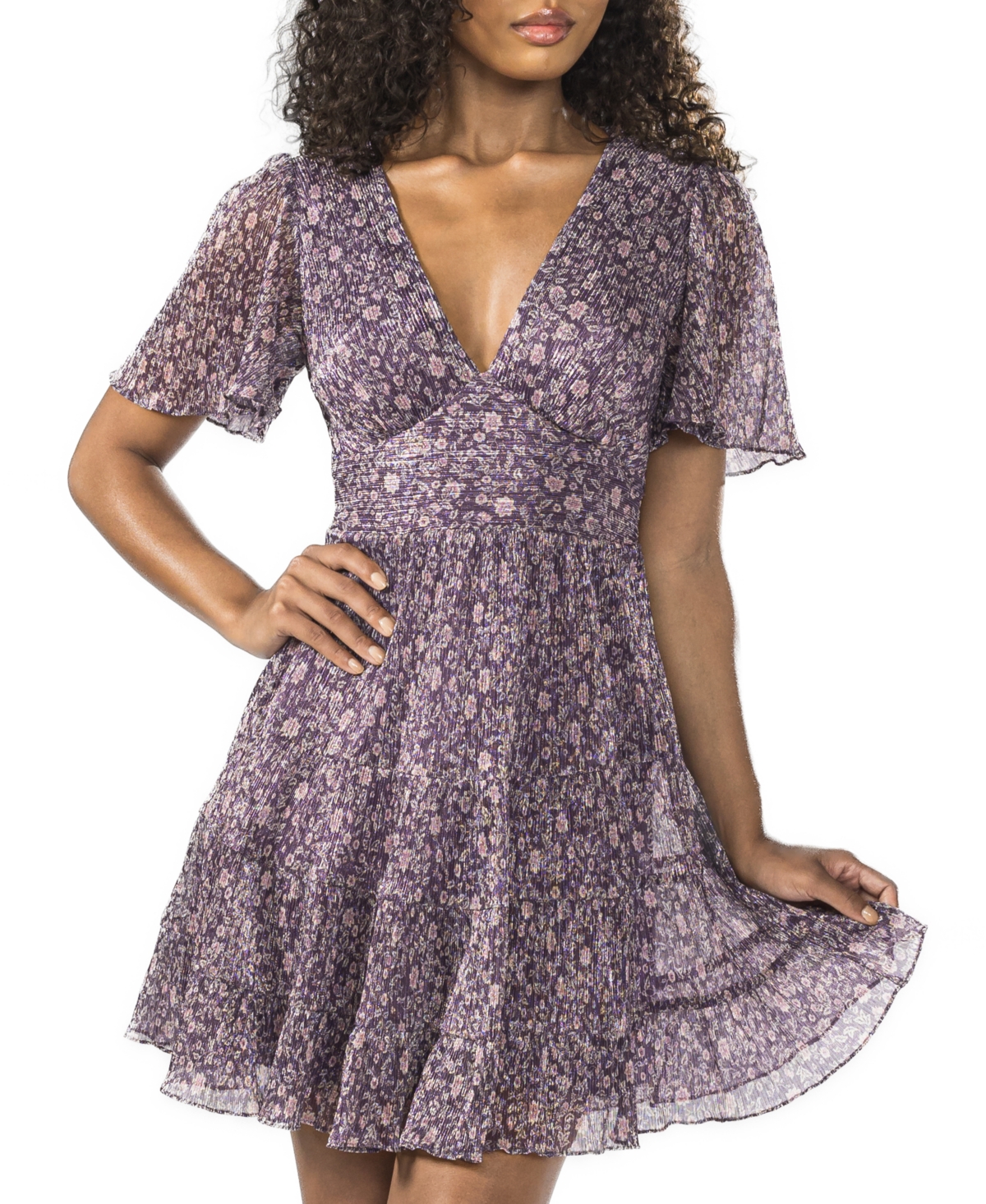 B Darlin Juniors' Printed Flutter-sleeve Tiered Dress In Pur,multi