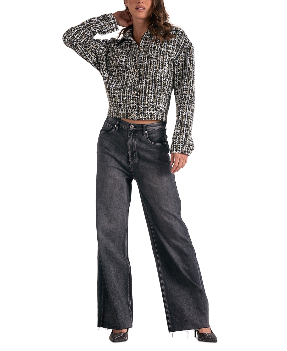 ELAN WOMEN'S METALLIC BUTTON-FRONT LONG-SLEEVE BLAZER 