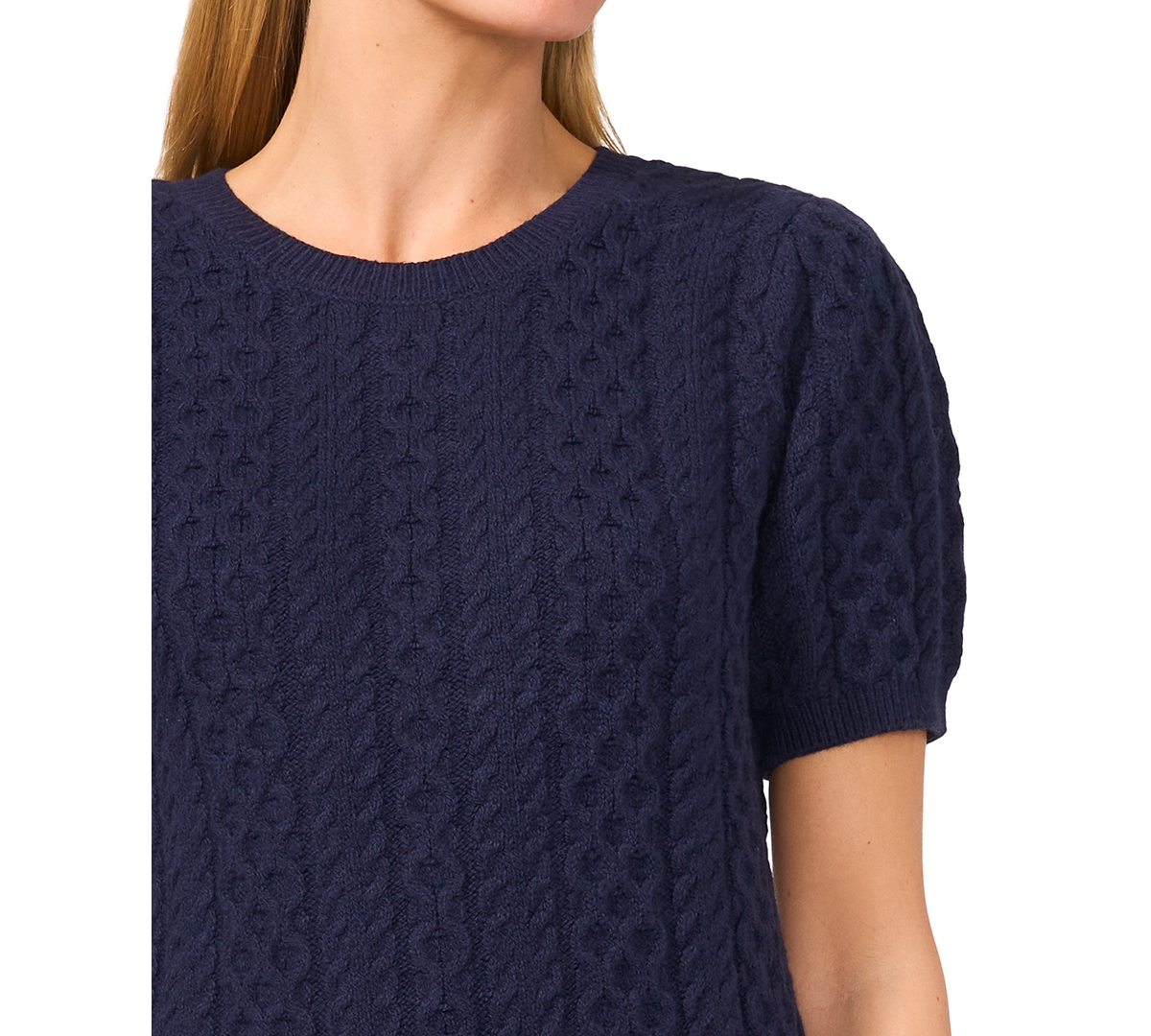 CeCe Women's Puff Short Sleeve Mixed Cable Knit Crew Neck Sweater