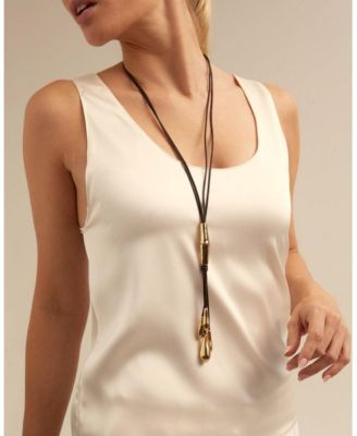 Long Leather Whip and Gold Plated Drop Necklace