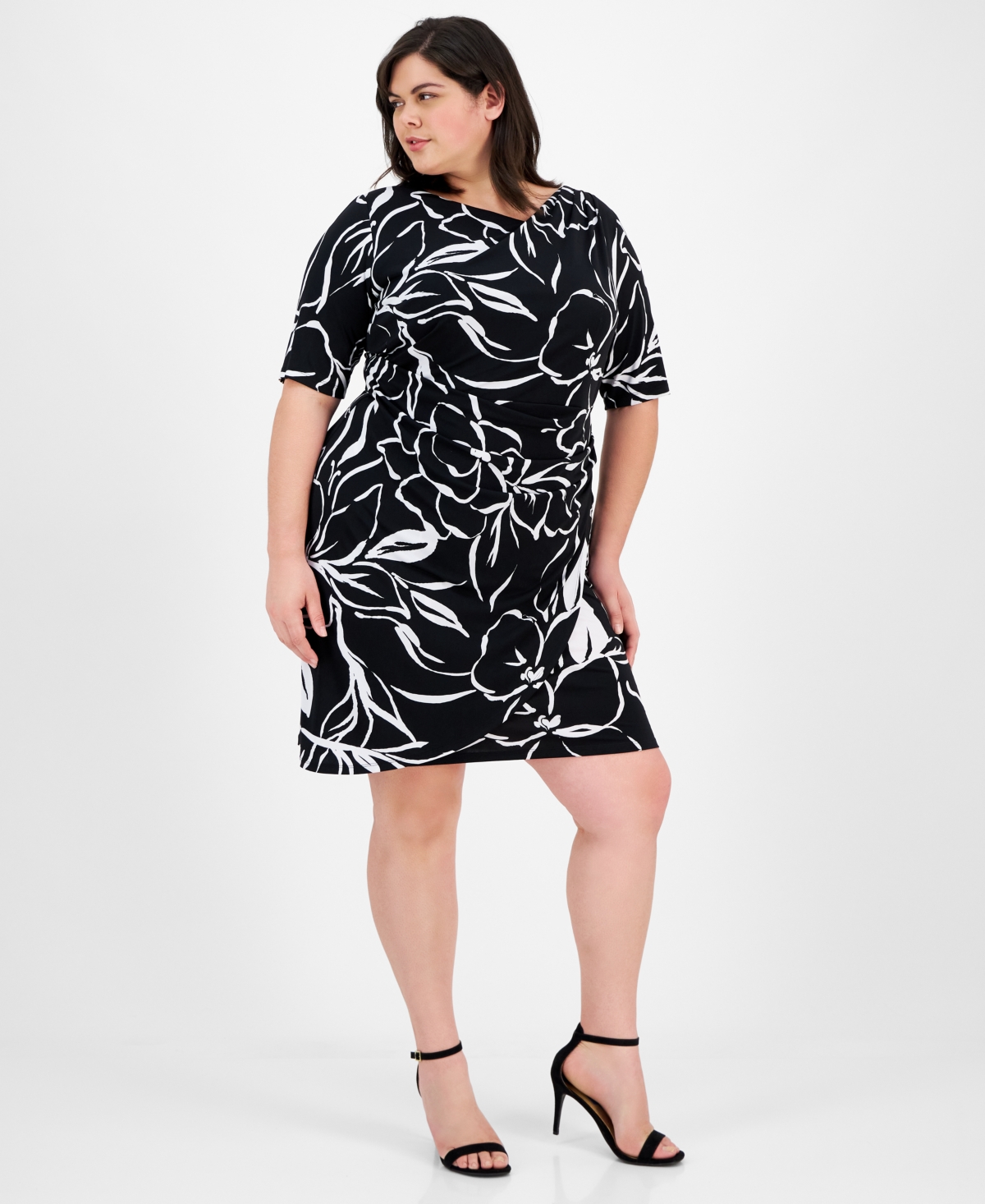 Plus Size Printed Pleat-Detailed Dress - Black