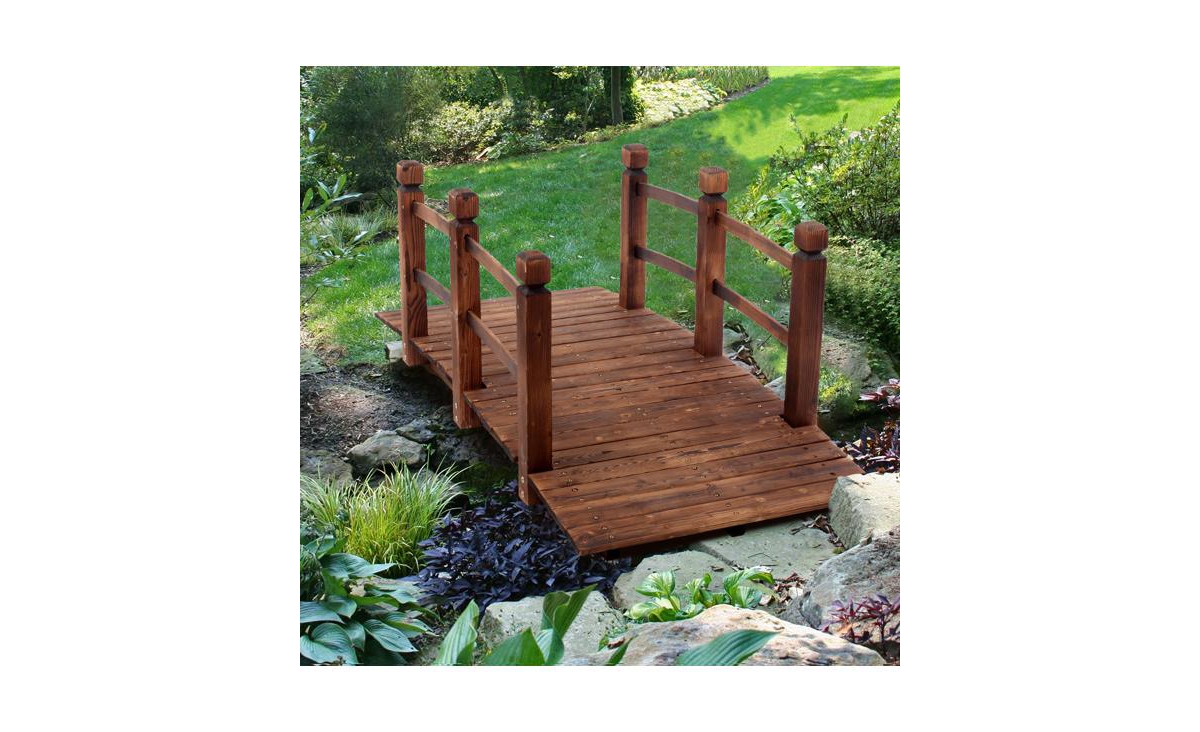 Slickblue Arch Bridge Small Wooden Landscape Bridge for Courtyard with Anticorrosive Carbonized Wood Finish - Red