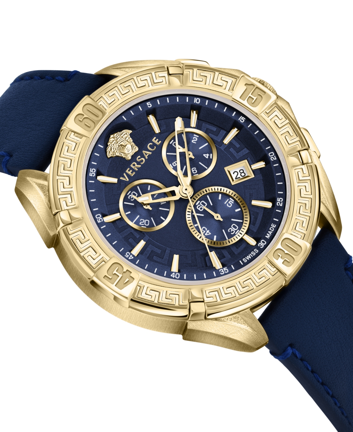 Versace Men's Swiss Chronograph Sporty Blue Leather Strap Watch 46mm