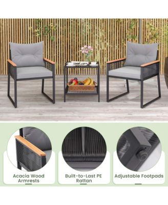 3 PCS Outdoor Conversation Set with 2-Layer Side Table Acacia Wood Armrests
