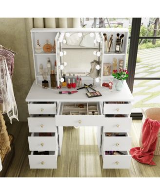  Modern Makeup Vanity Desk 9 Drawers Wood Dressing Table With 3 Mirrors, Hidden Storage Shelves, LED Bulb Lights