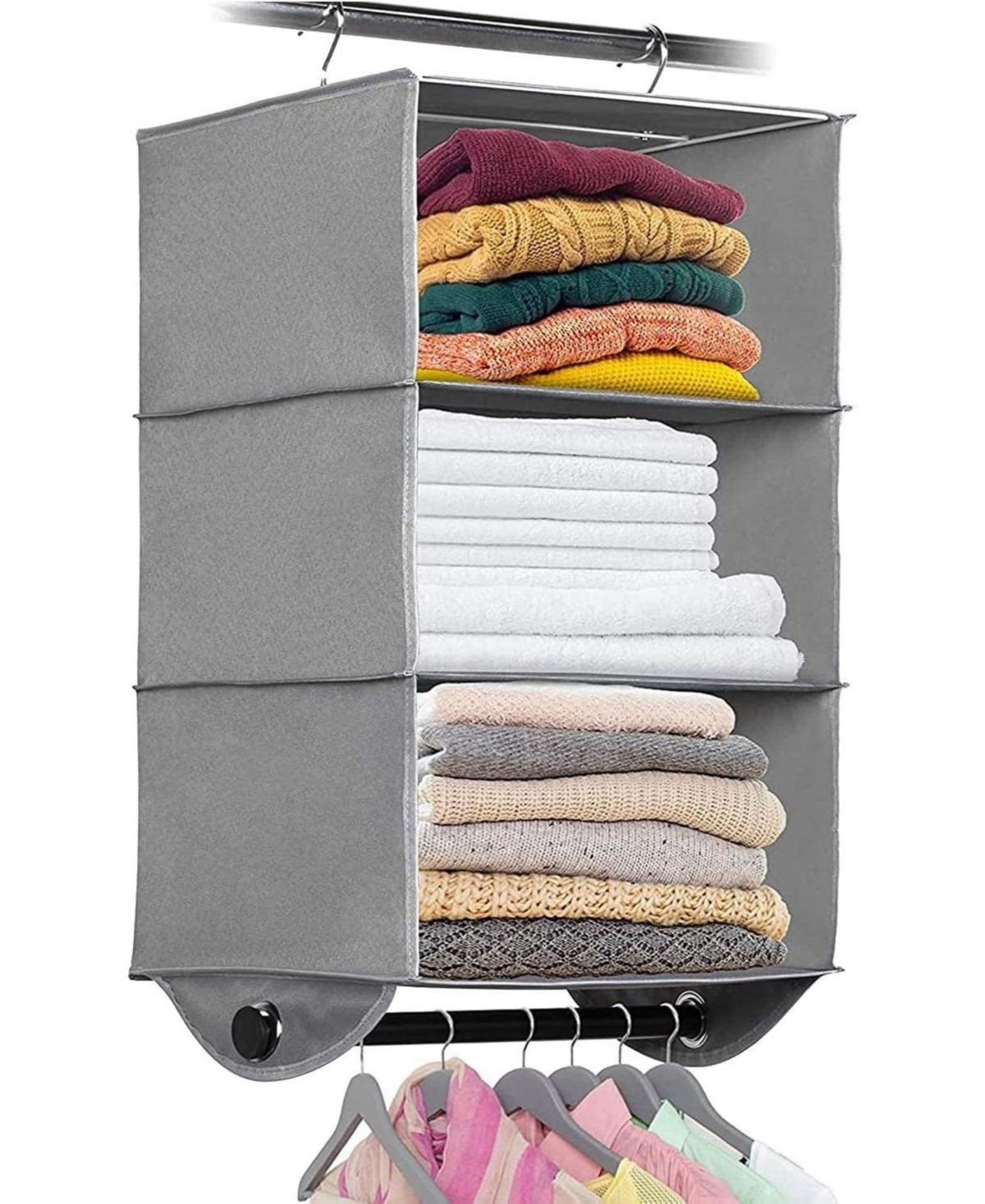 Hanging Closet Organizer with 3 Shelves and Black Metal Rod - Grey