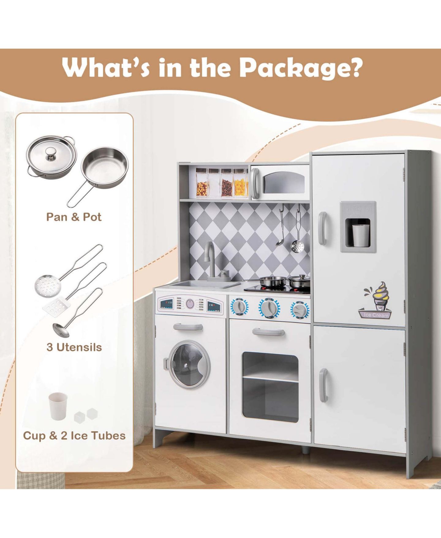 Детский игровой набор Costway Lights & Sounds Ice Maker Kitchen Playset, от 3 лет, цвет: Белый — фото 7