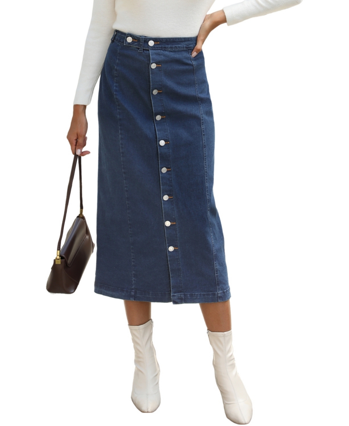 Women's Denim Side Button Midi Skirt - Light/pastel blue