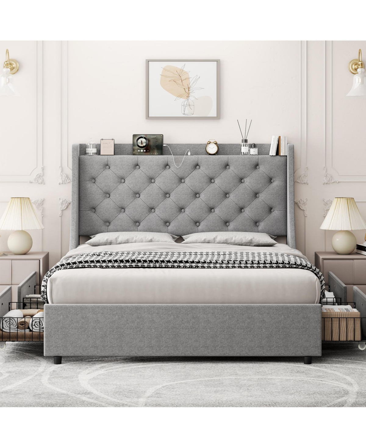 gaomon Upholstered Platform Bed With Storage Headboard, Charging Station, And 4 Drawers - Wood Slat Support, Easy Assembly - No Box Spring Needed - Gr