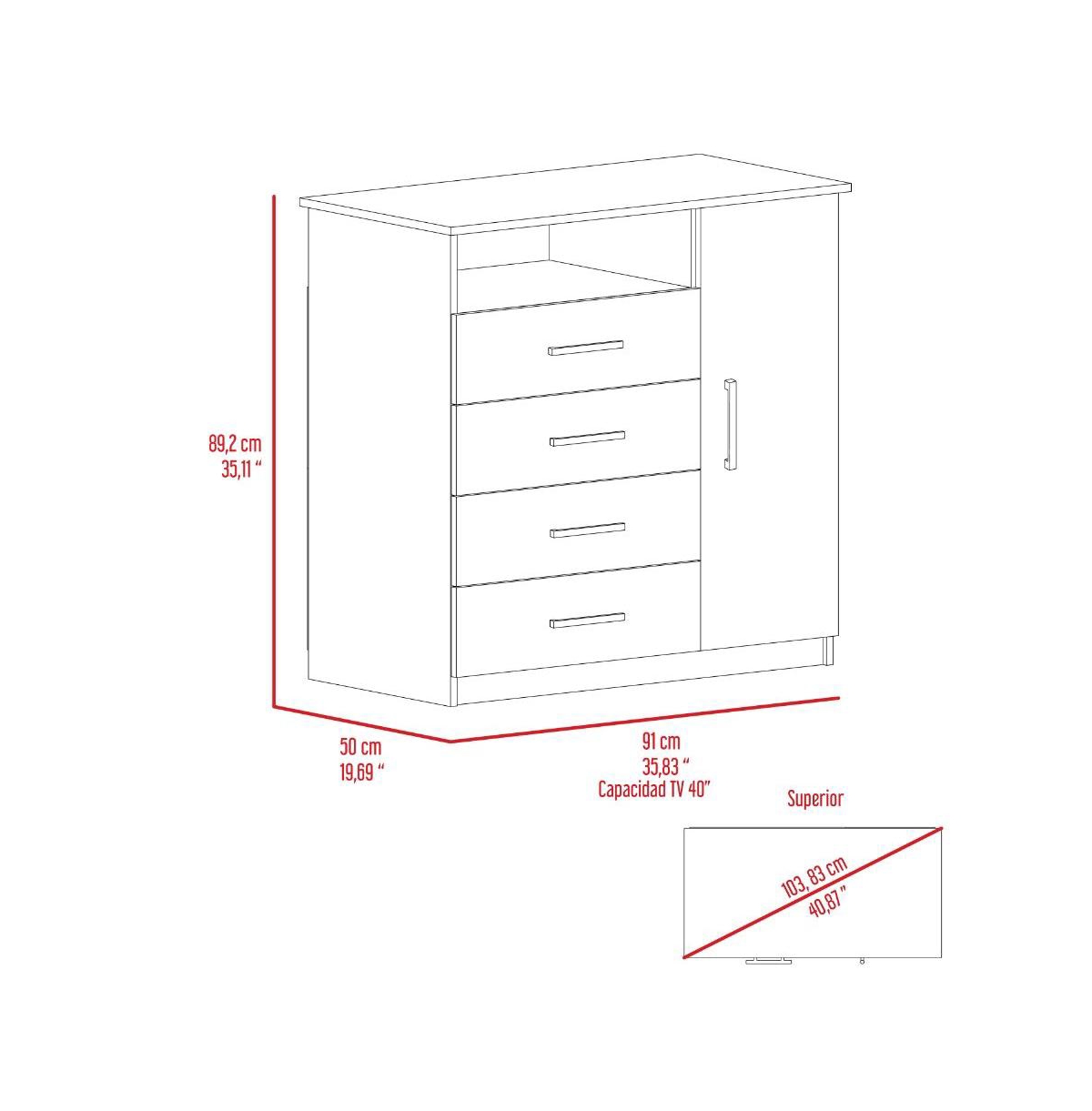 Depot E-Shop Rioja 4 Drawer Dresser, One Open Shelf, Superior Top, Single Door Cabinet, Black