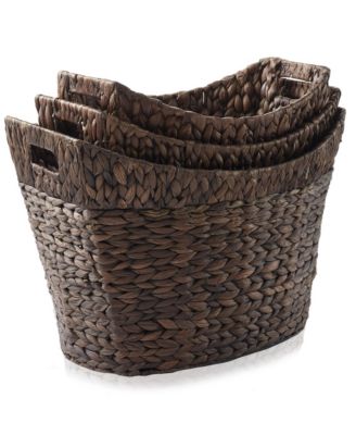 Set of 3 Oval Baskets with Handles - Espresso, Water Hyacinth Woven Storage Totes for Blankets, Laundry, Bathroom, Bedroom, Living Room