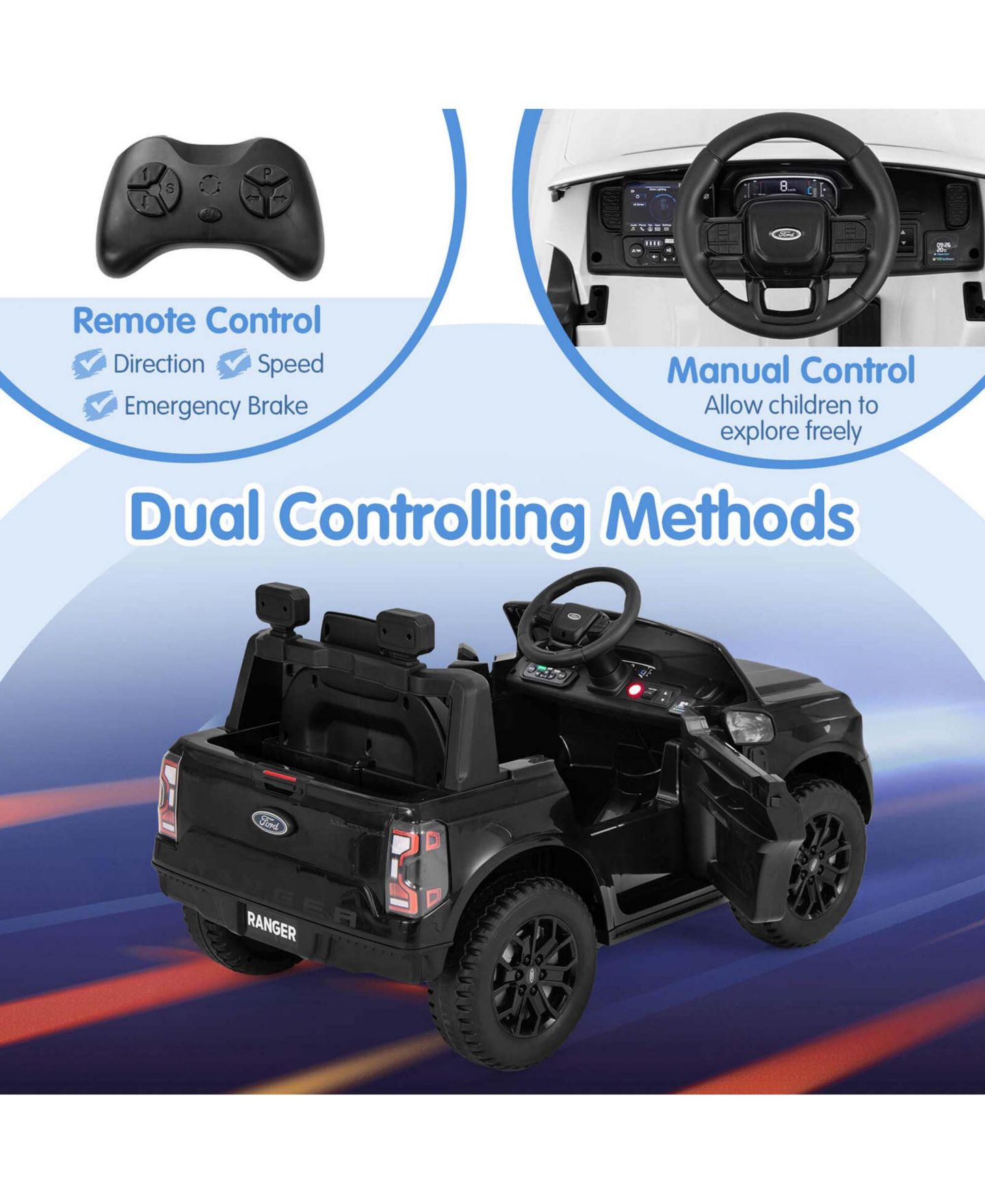 Детская игрушка Costway 12V Licensed Ford Ranger Remote Control Ride-On Car, 66 lbs Capacity, Ages 3-6, цвет: Чёрный — фото 9