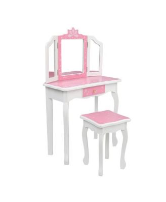 Children's Wooden Dressing Table with Three-Sided Folding Mirror, Chair, and Single Drawer in Blue Snowflake Style