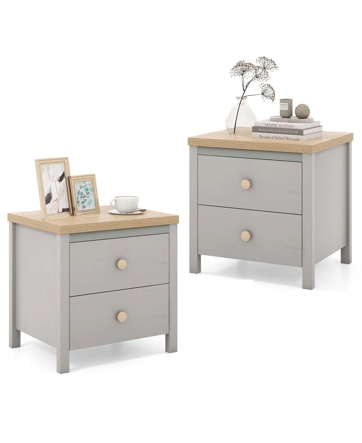 Gymax 2 Pcs Nightstand Farmhouse Side End Table w/ Solid Wood Legs & 2 Drawers