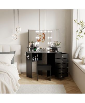 corner vanity desk with lights & power outlet, wood, dressing table