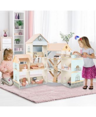 Wooden Corner Dollhouse Playset with 41 Pieces Accessories for Kids 3+ Years Old