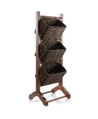 3-Tier Floor Stand with Hanging Storage Baskets, Walnut/Espresso - Wood Tower Rack for Bathroom, Kitchen, Laundry, Living Room