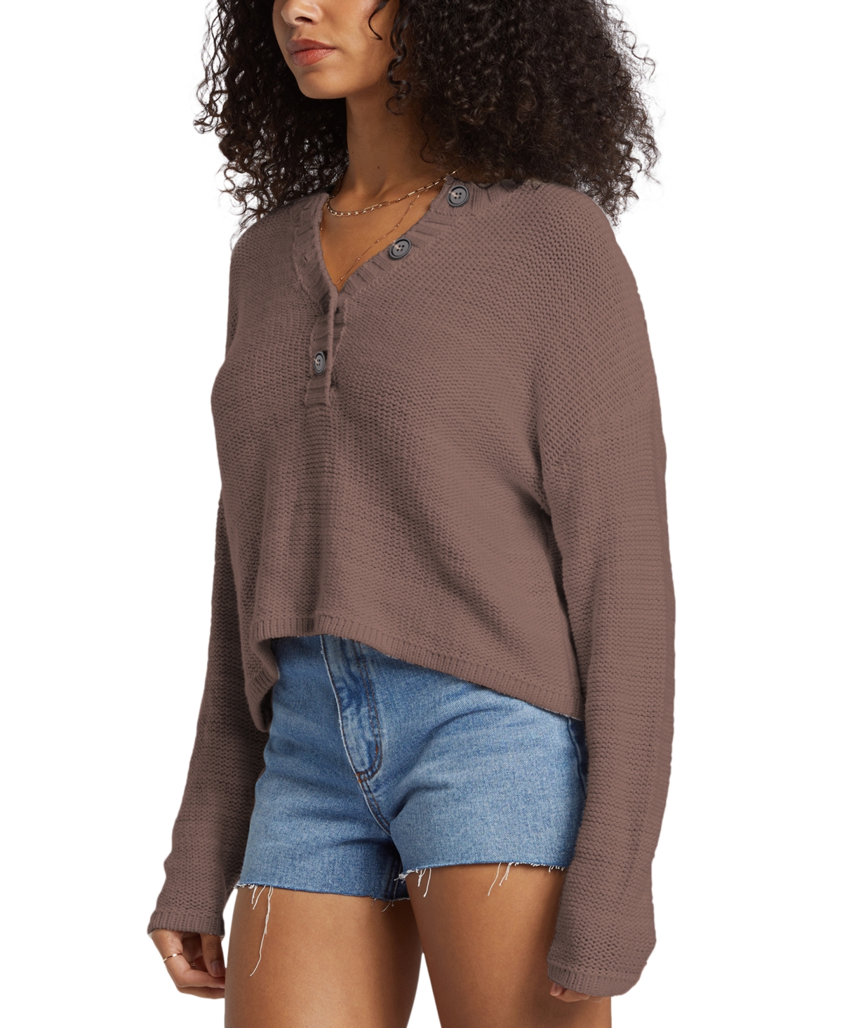 Shop Billabong Juniors' Shallow Waters Long-sleeve Henley Sweater Top In Kona