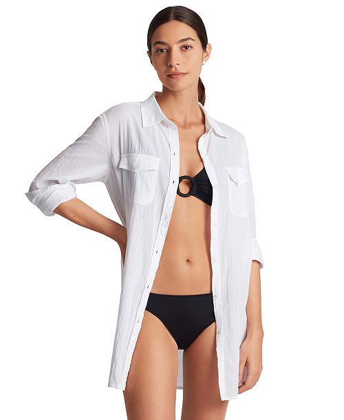 alfani Lauren Ralph Lauren Women's Classic Camp Shirt Swim Cover-Up Women's Fashion Shoes & Accessories
