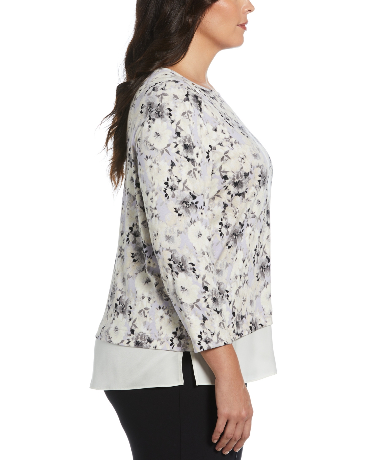 Rafaella Plus Size Floral Print Rivet Detail Layered 3/4 Sleeve Top