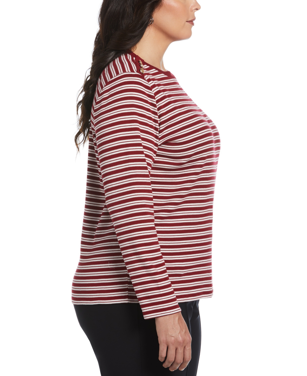 Rafaella Plus Size Candy Stripe Button Detail Long Sleeve Top