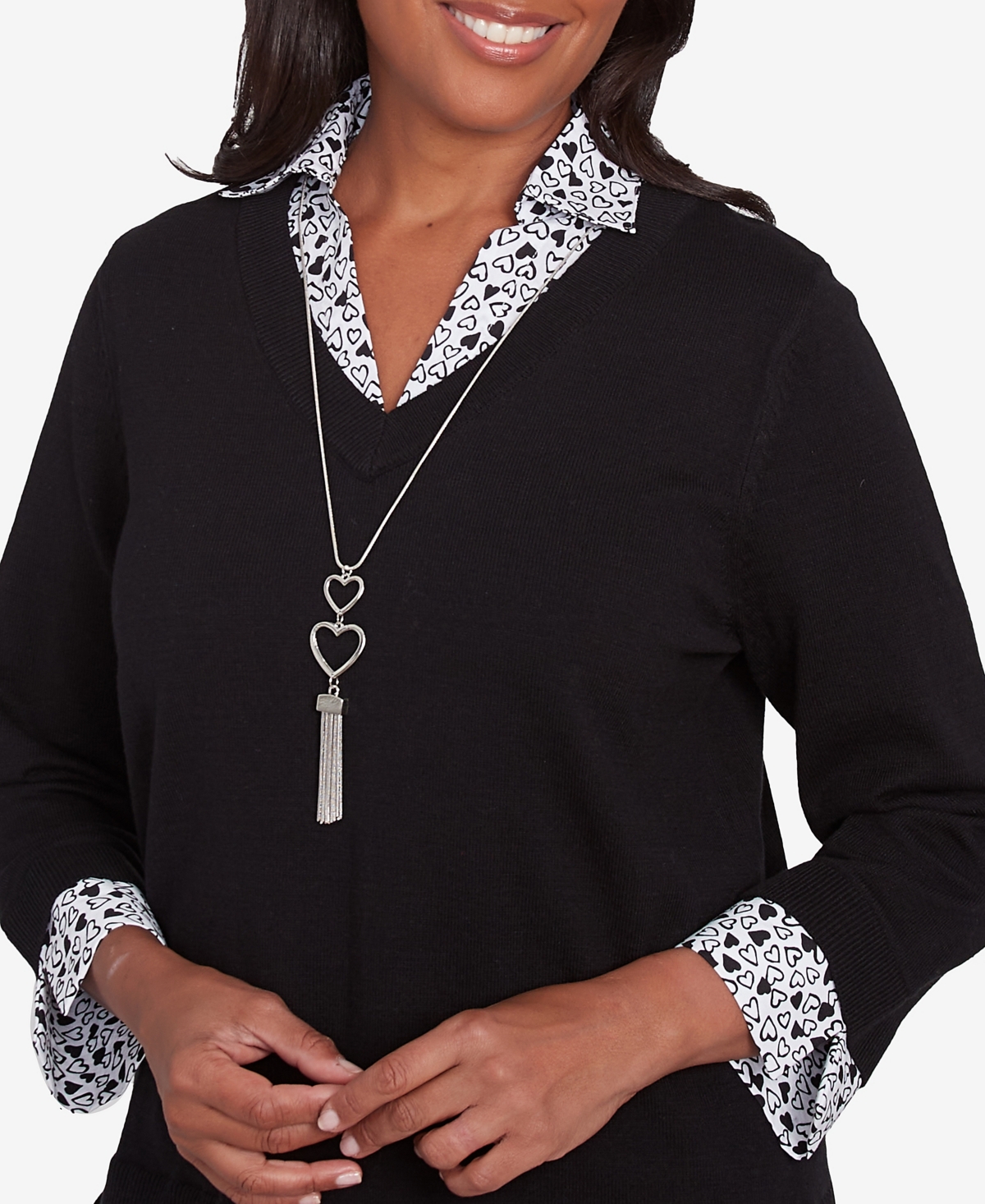 Alfred Dunner Plus Size Wild At Heart Woven Trim Two In One Sweater In Black