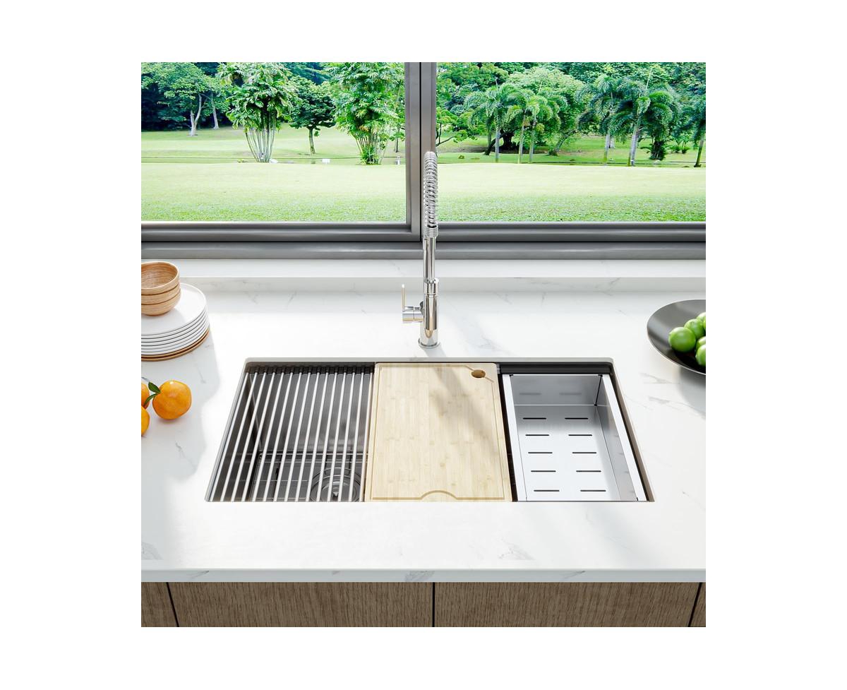 gaomon Kitchen Sink, 33 Inch Brushed Nickel Undermount Kitchen Bar Sink with Single-tier Track, Stainless Steel 16 Guage Double Bowl Kitchen Sinks, Fa