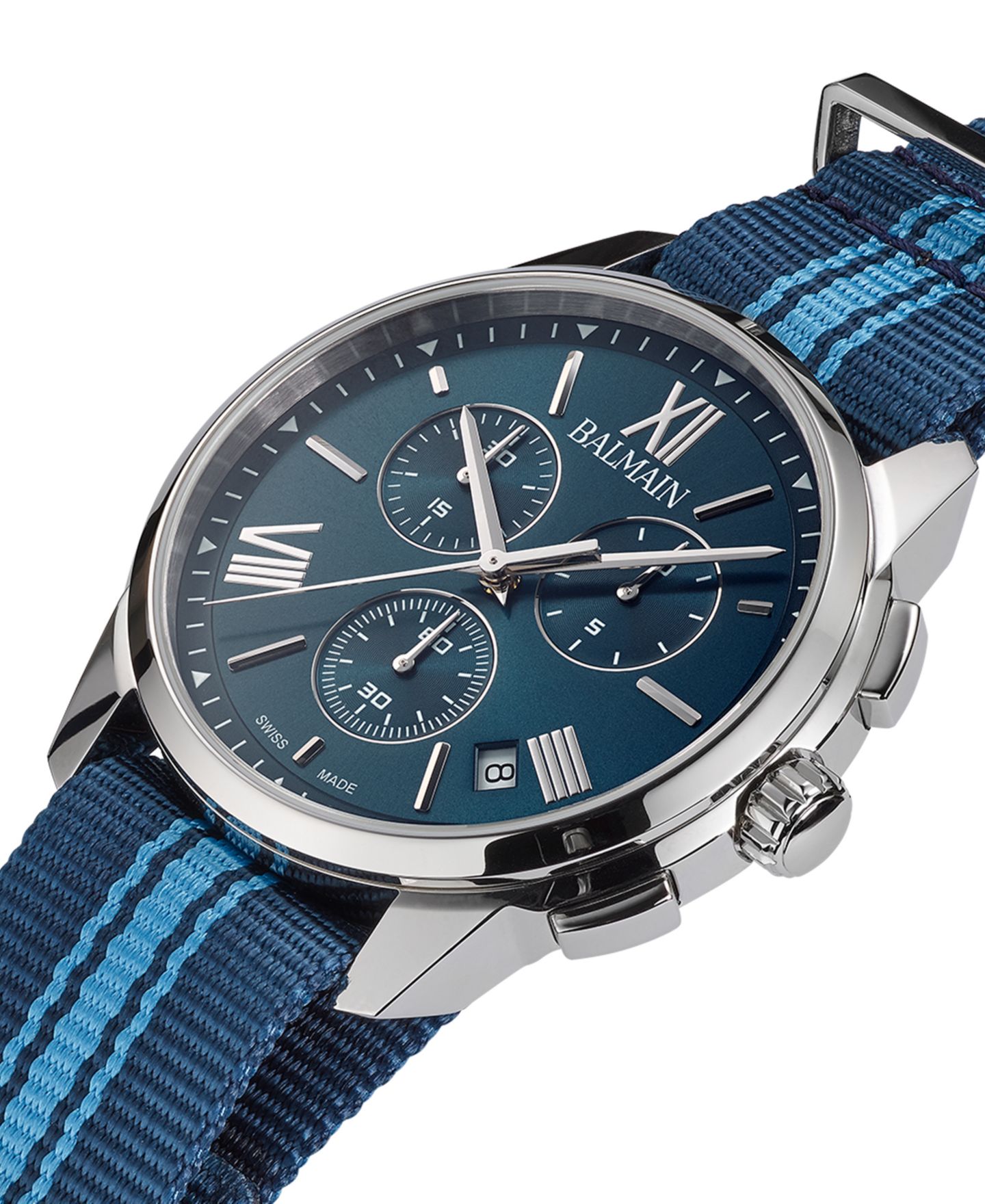 Мужские часы Balmain Swiss Chronograph Madrigal Dark Blue Striped Nato Strap Watch 42mm — фото 2