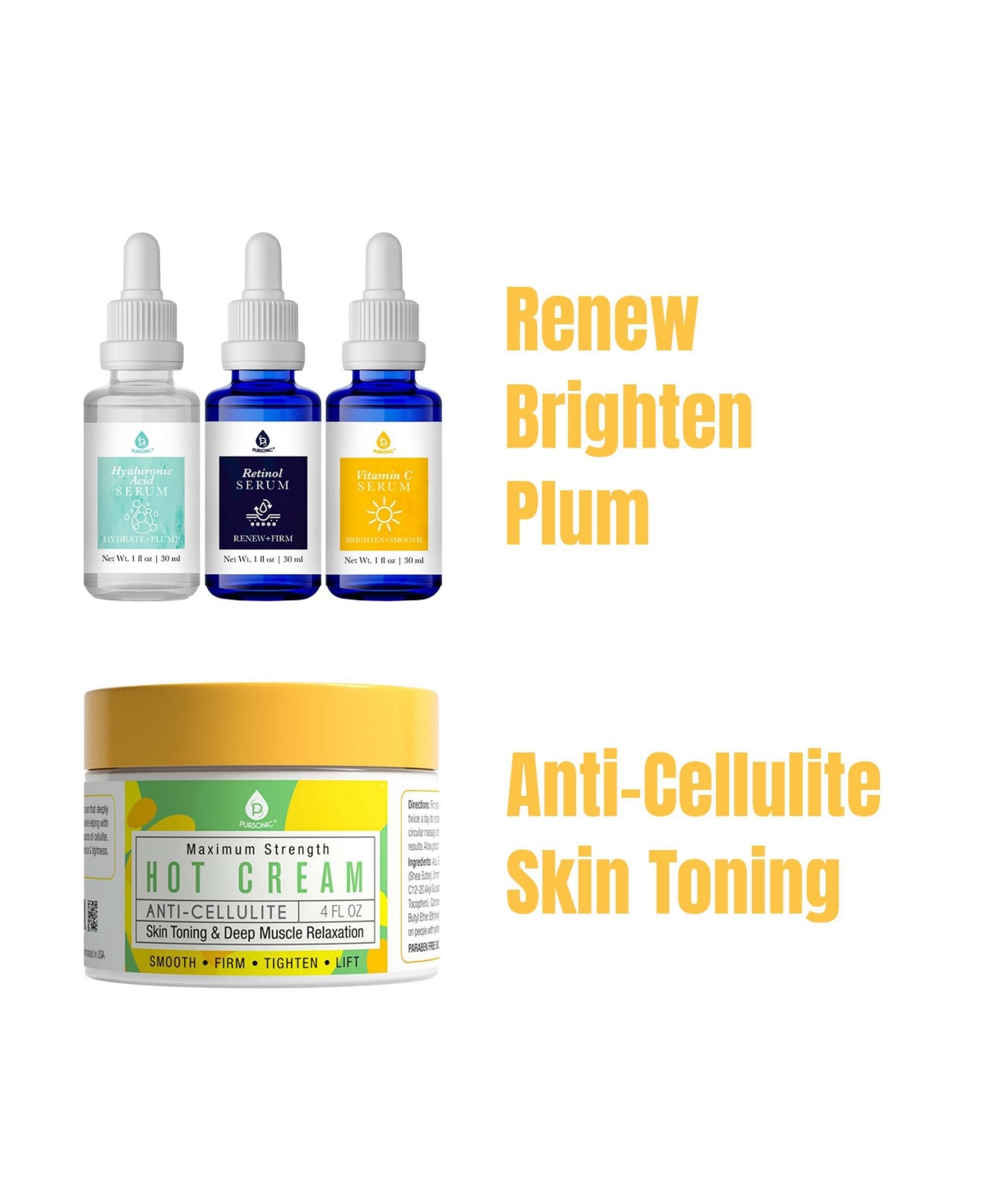 Pursonic Ultimate Skin Care Duo: Anti Cellulite & Muscle Relaxation Hot Cream + Anti-Aging Serum Set