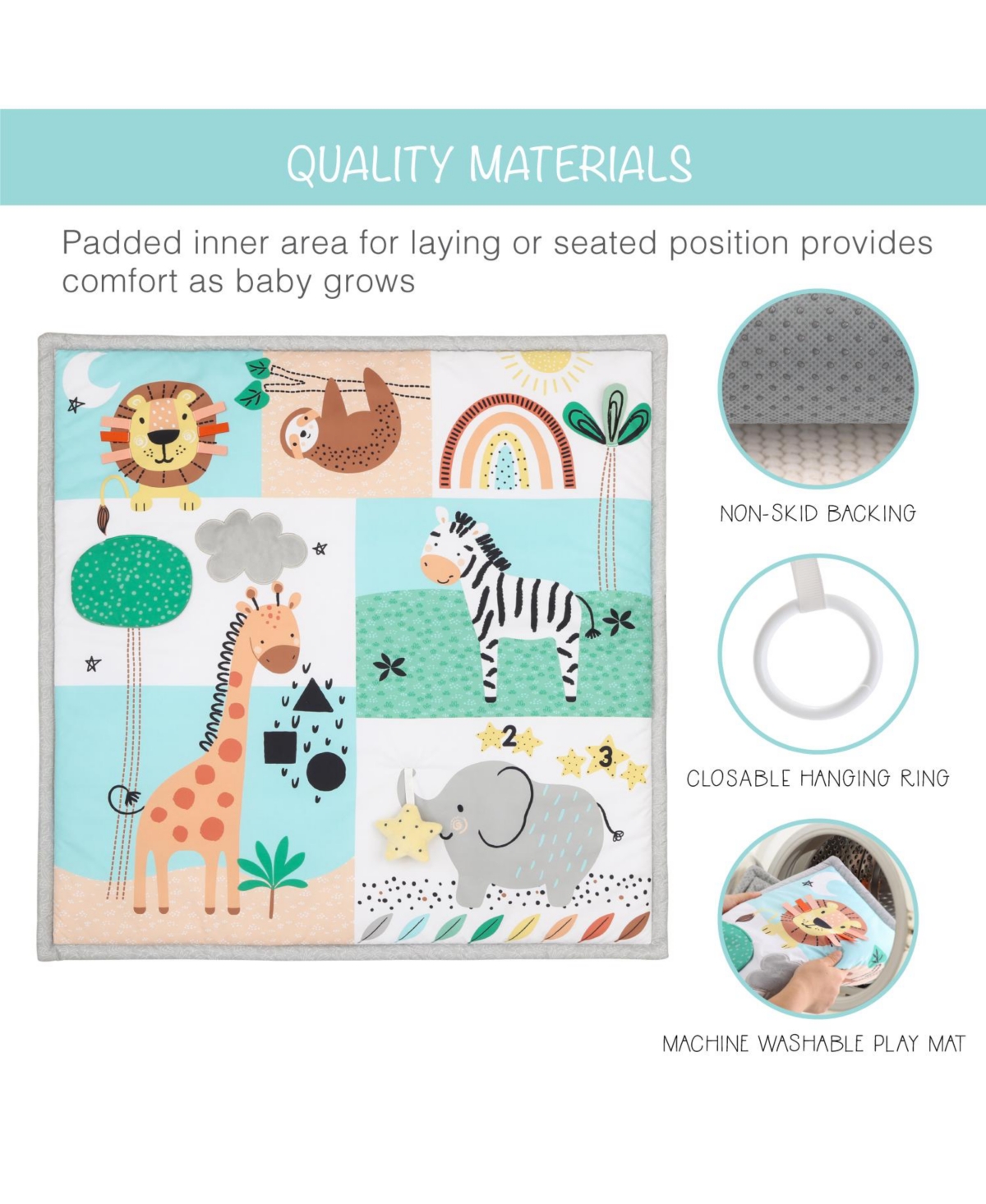 The Peanutshell 7 in 1 Baby Play Gym and Tummy Time Mat, Safari 123 -green/coral
