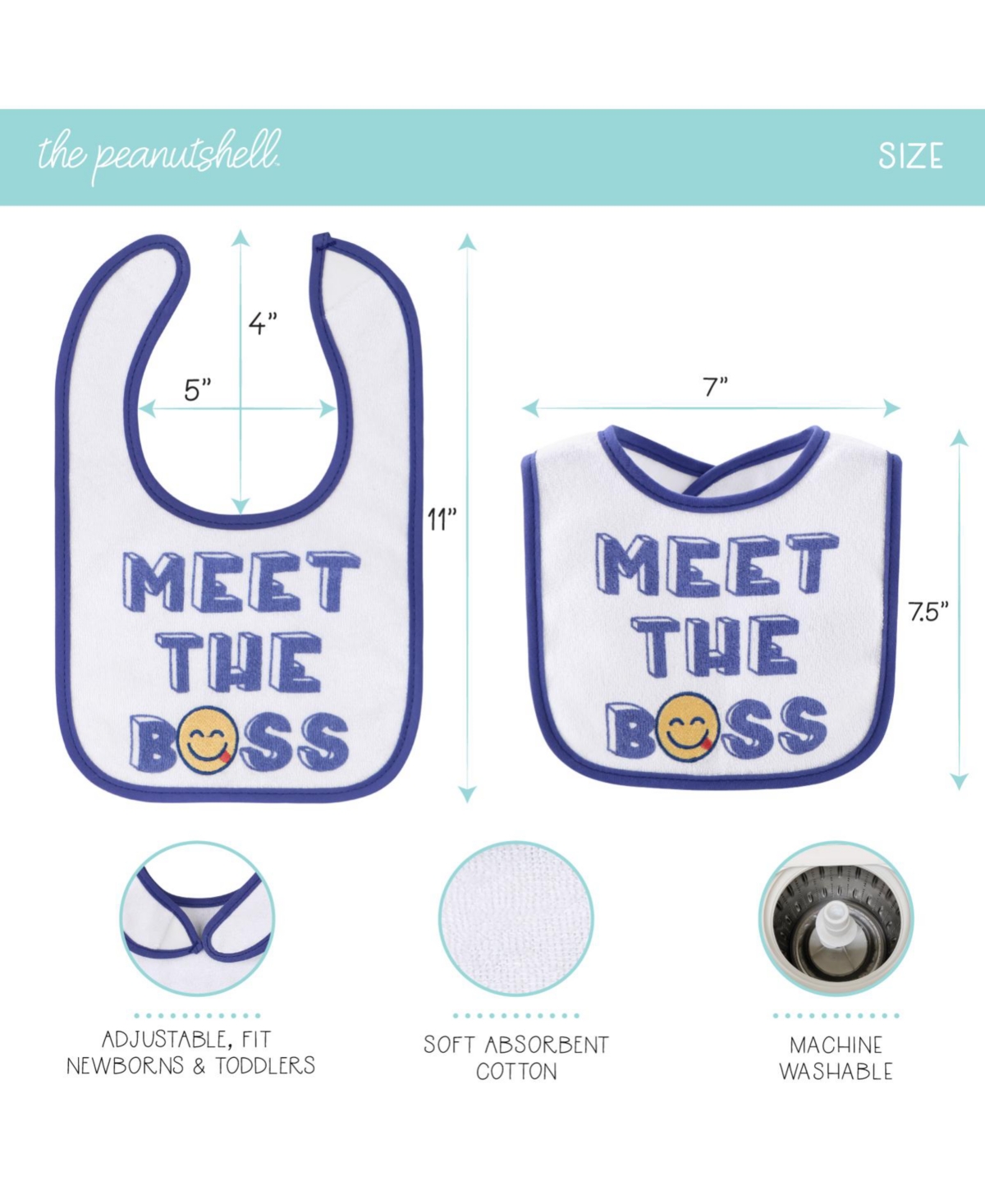 The Peanutshell Baby Boys Oh Boy! Terry Bib 10 Pack Set, Feeding, Teething, Drooling -blue/white