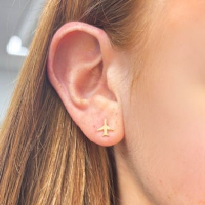 Gold Airplane Stud Earrings 14K Gold
