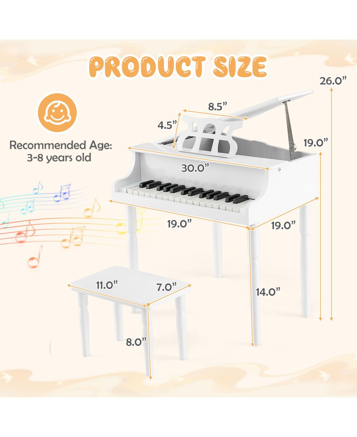 Детские игрушки HONGGE 30-Key Wood Toy Grand Piano Music Learning, 3-Piece Set, Ages 3-9 — фото 9