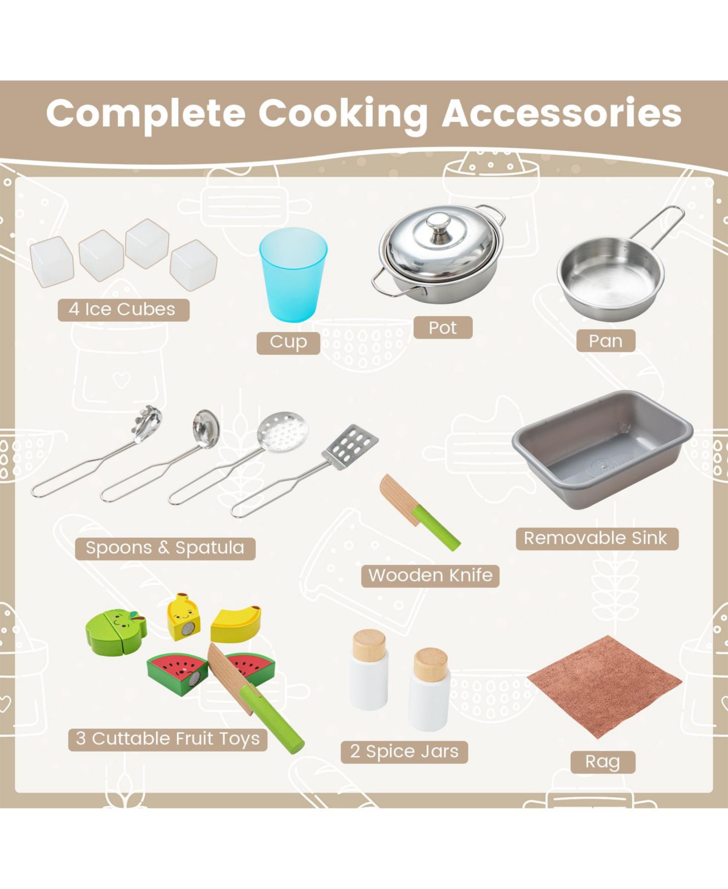 Детские игрушки HONGGE Wooden 18-Piece Play Kitchen Set, Ages 3+, цвет: Белый — фото 3