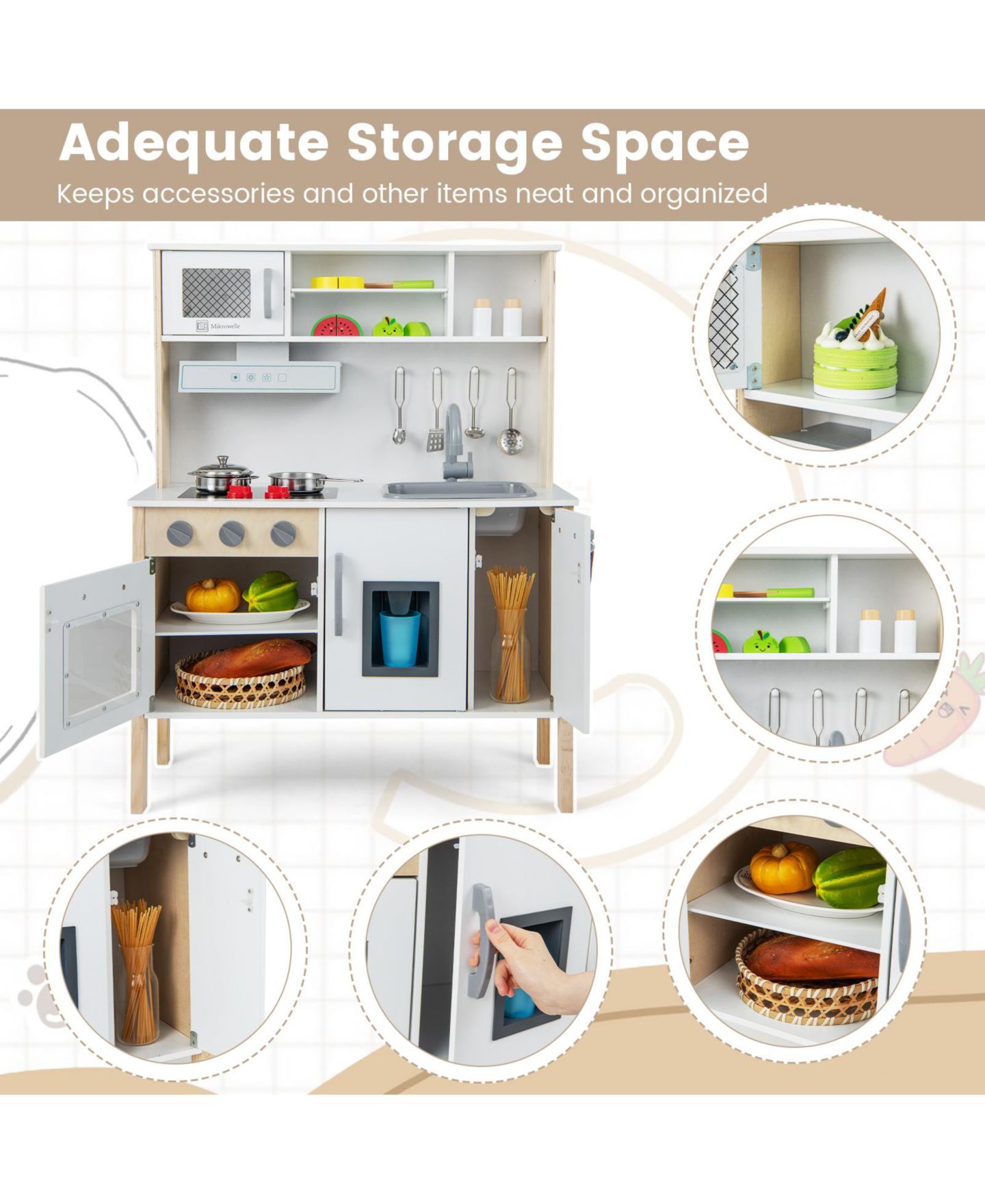 Детские игрушки HONGGE Wooden 18-Piece Play Kitchen Set, Ages 3+, цвет: Белый — фото 6