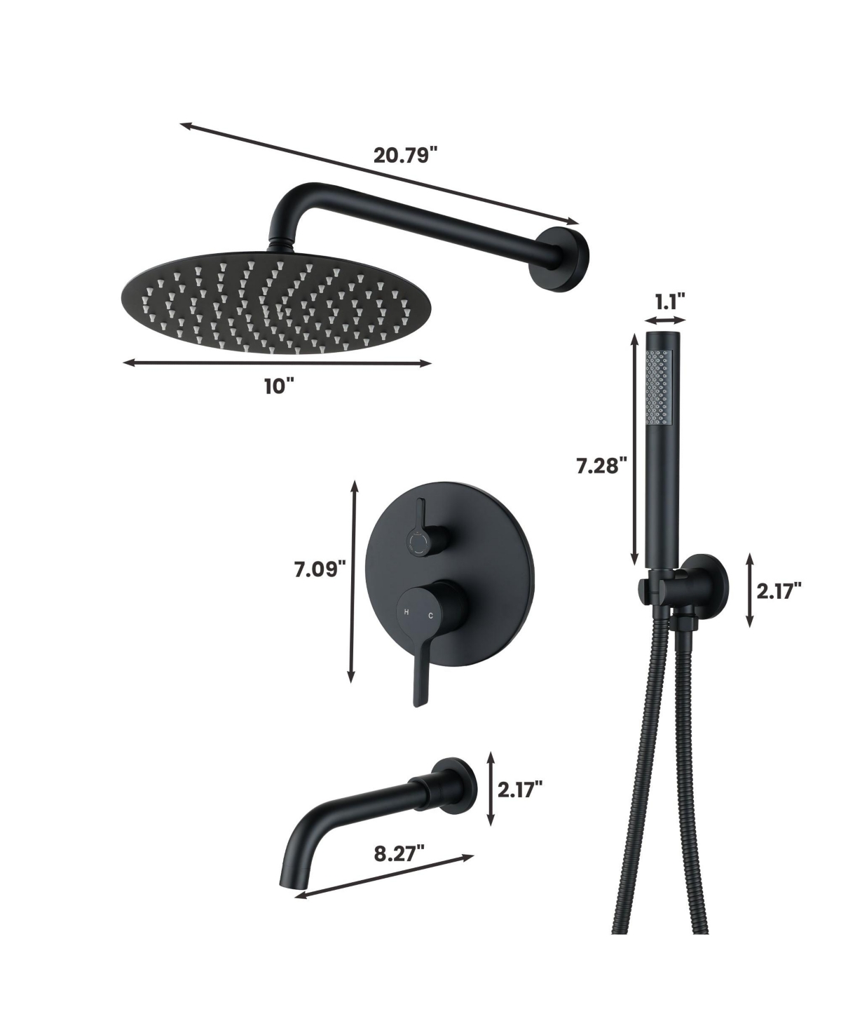 Mondawe Matte Black Three function Pressure Balance Shower Set with Round Shower Head & Valve