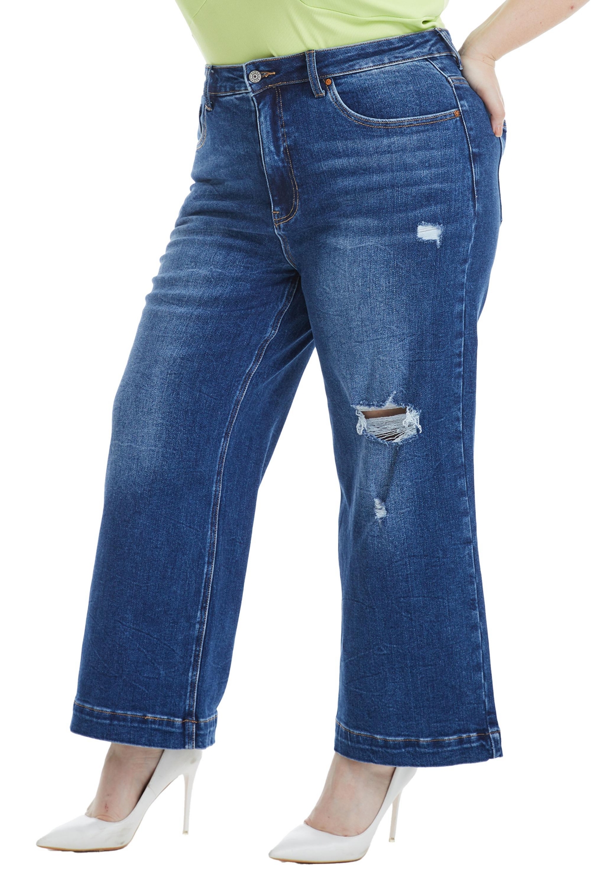 Bayeas Plus Size Mid Rise Wide Leg Crop Flare Jeans In Dark Blue