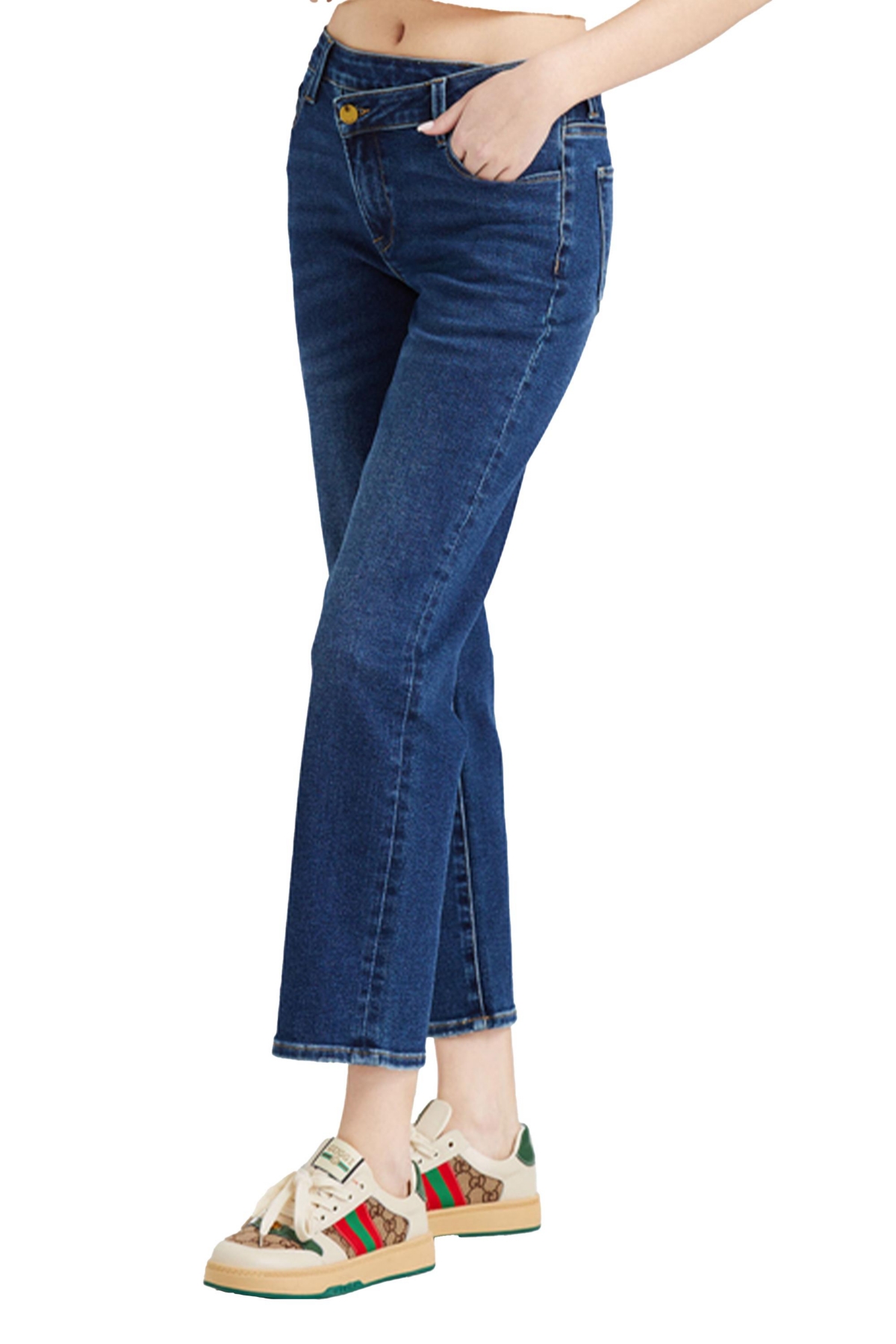 BAYEAS WOMEN'S MID RISE CROSS OVER STRAIGHT LEG JEANS 