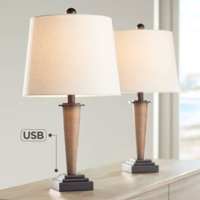 Fernbank 23 1/2" High Small Farmhouse Rustic Accent 3-Way Table Lamps Set of 2 USB Port Brown Bronze Finish Metal Charging